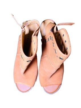 Lucky Brand Tan Leather Peep Toe Wedge Booties